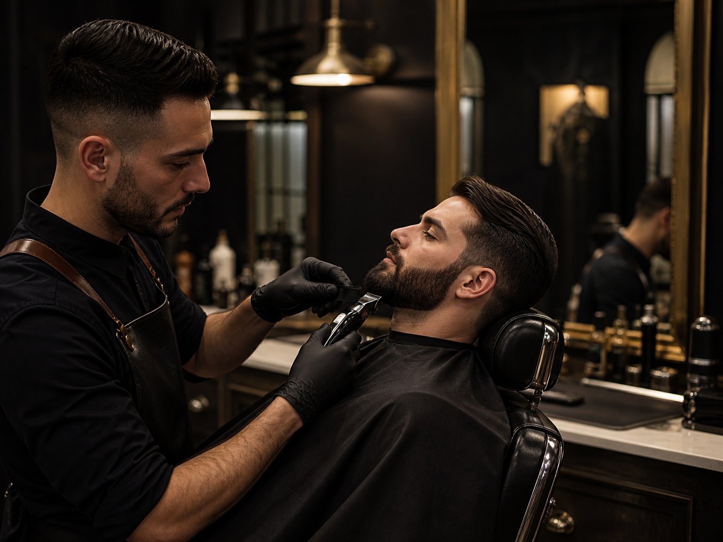 Barbeiro realizando acabamento de barba em imagem temporária de simulação